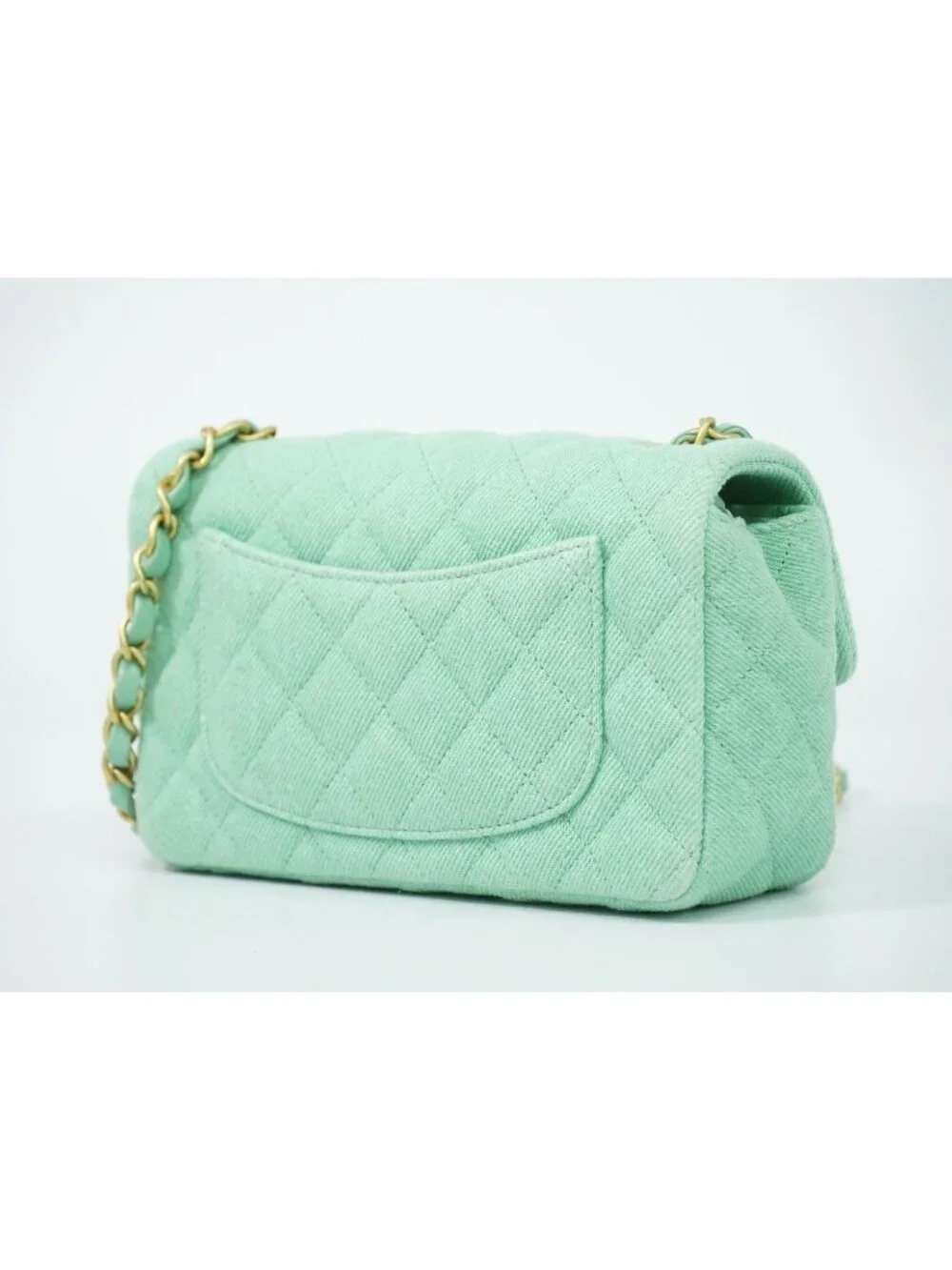 Chanel CC Logo Quilted Chain Shoulder Bag Denim Light Green Vintage